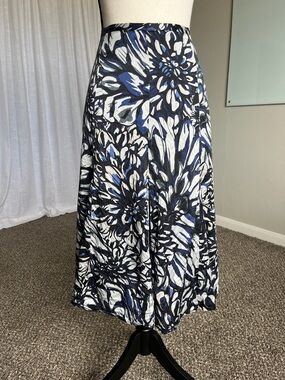 Chico’s Silk Midi Skirt Blue Black Floral A-Line Elastic Waist Size 2 (12/14)